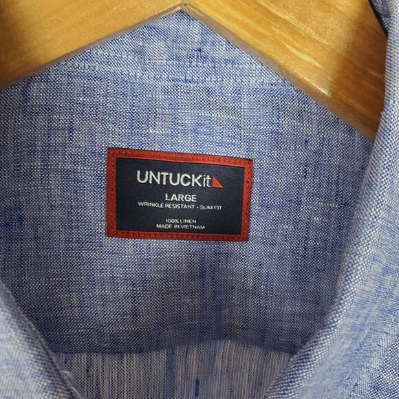 Untuckit Mens 100% Linen Vin Santo Long Sleeve Button Up Shirt L Blue Slim Fit - Picture 6 of 16